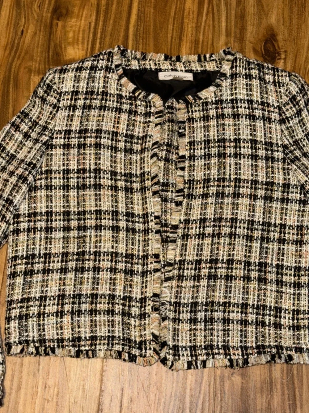 Calvin Klein women 12 large blazer jacket Black White Cream Plaid Tweed Cropped